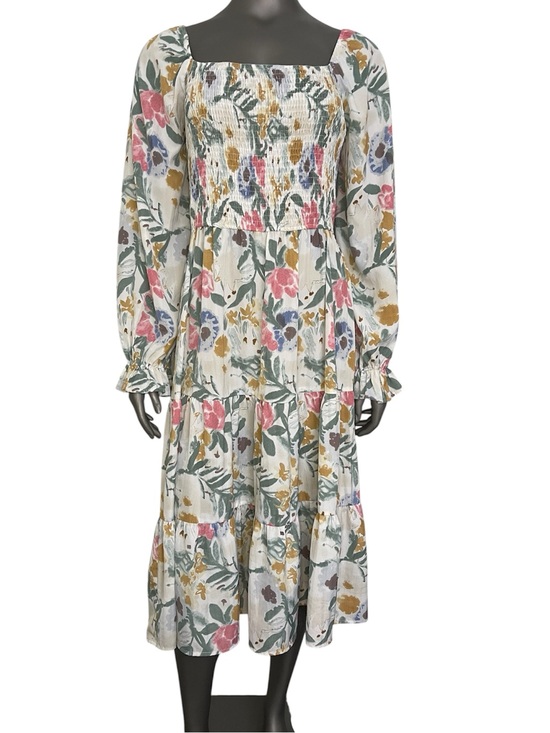 Simplee Apparel Dresses & Skirts - Simplee Plus Dress 3XL Smocked Midi Tiered Skirt Multi Floral Square Neck Bishop